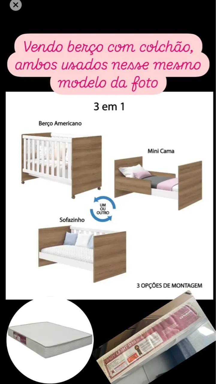 Berço 3 em 1 com colchão usado