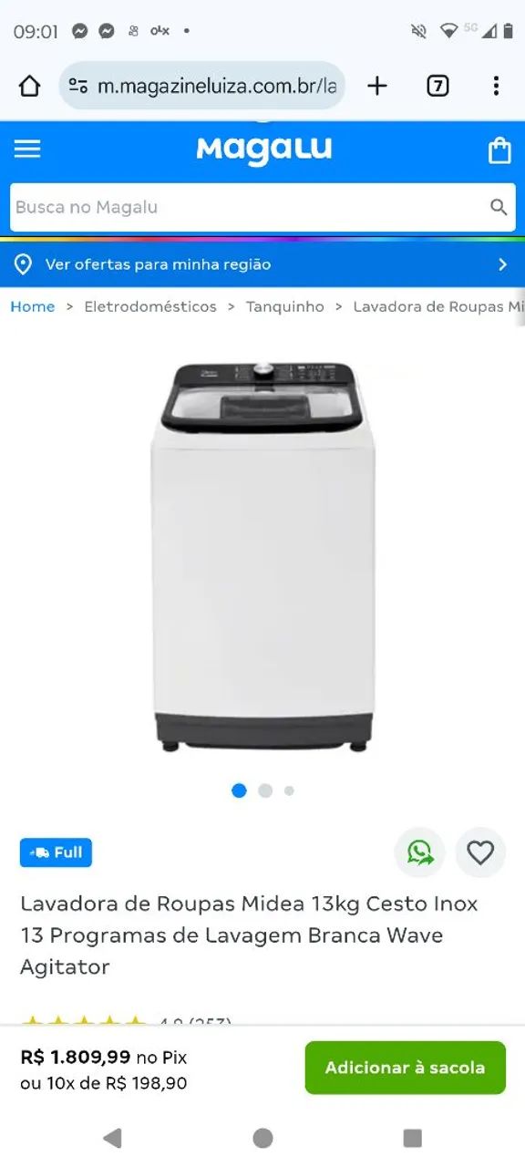 Lavadora de Roupas Midea 13kg Cesto Inox