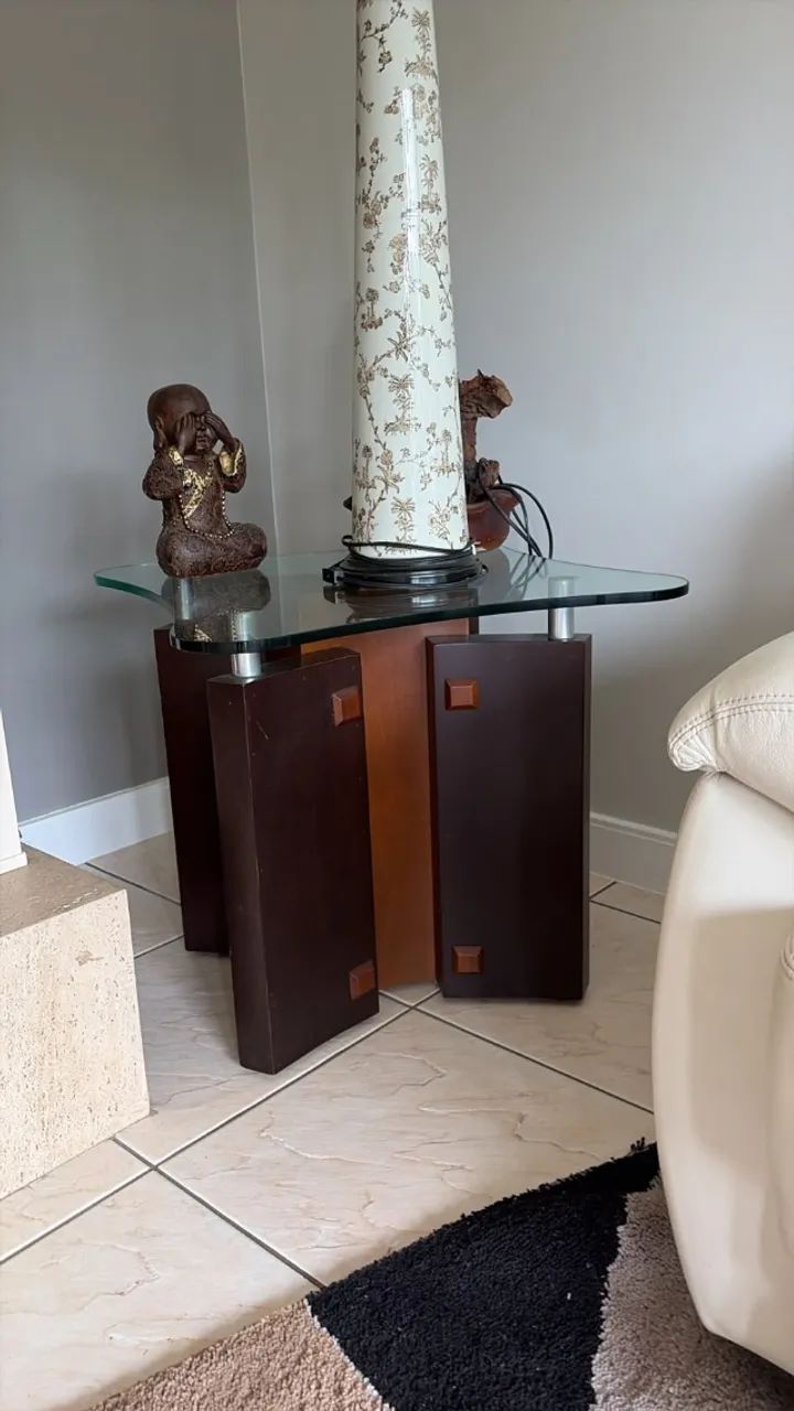 Par de Mesa de Centro + Mesa Lateral (Vidro com Madeira Imbuia) - Foto 2