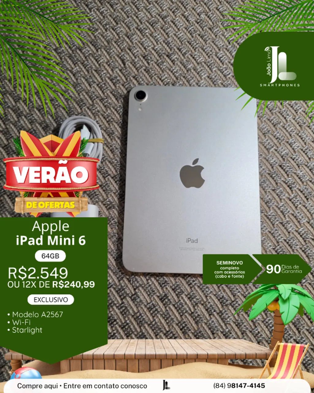 IPAD MINI 6, 64GB, STARLIGHT, SEM CAIXA, SEMINOVO, EXCLUSIVO