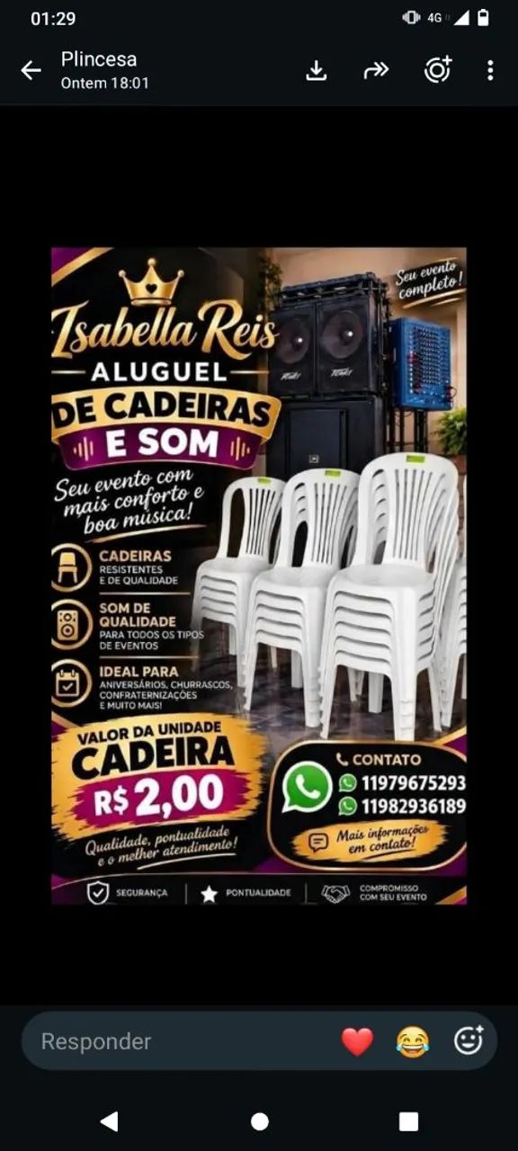 Aluguel de som e cadeiras menor preço da região para mais consulte 