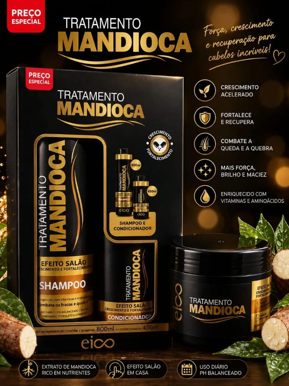 Kit EICO-SHAMPOO 800ML+ CONDICIONADOR 450ML + MASCARA 270G - Foto 3