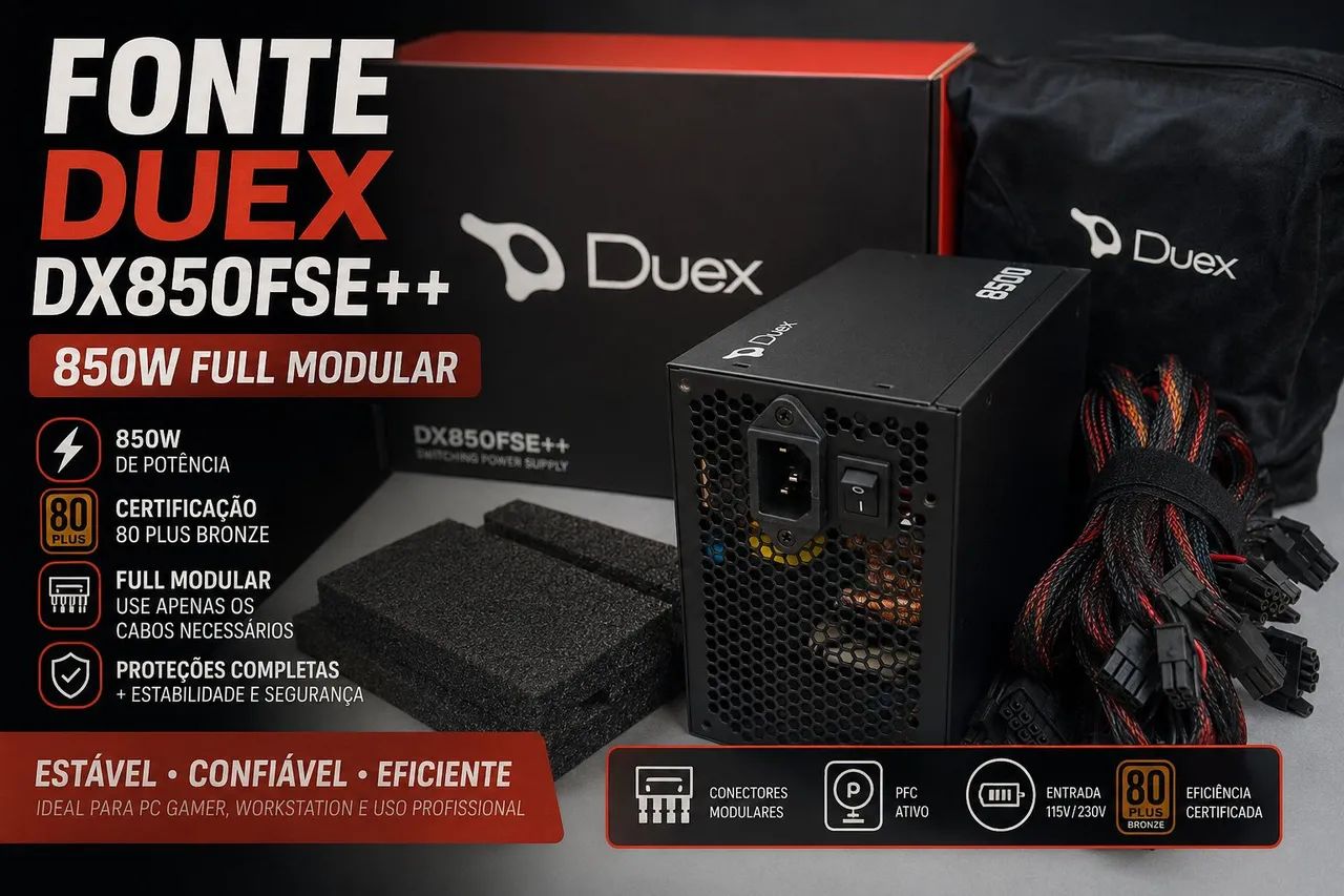 Fonte Duex DX850FSE++ 850W Full Modular 80 Plus Bronze