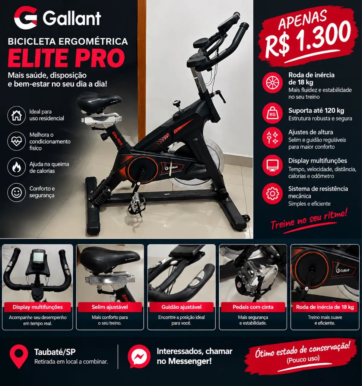 ? BICICLETA ERGOMÉTRICA GALLANT ELITE PRO - R$ 1.100
