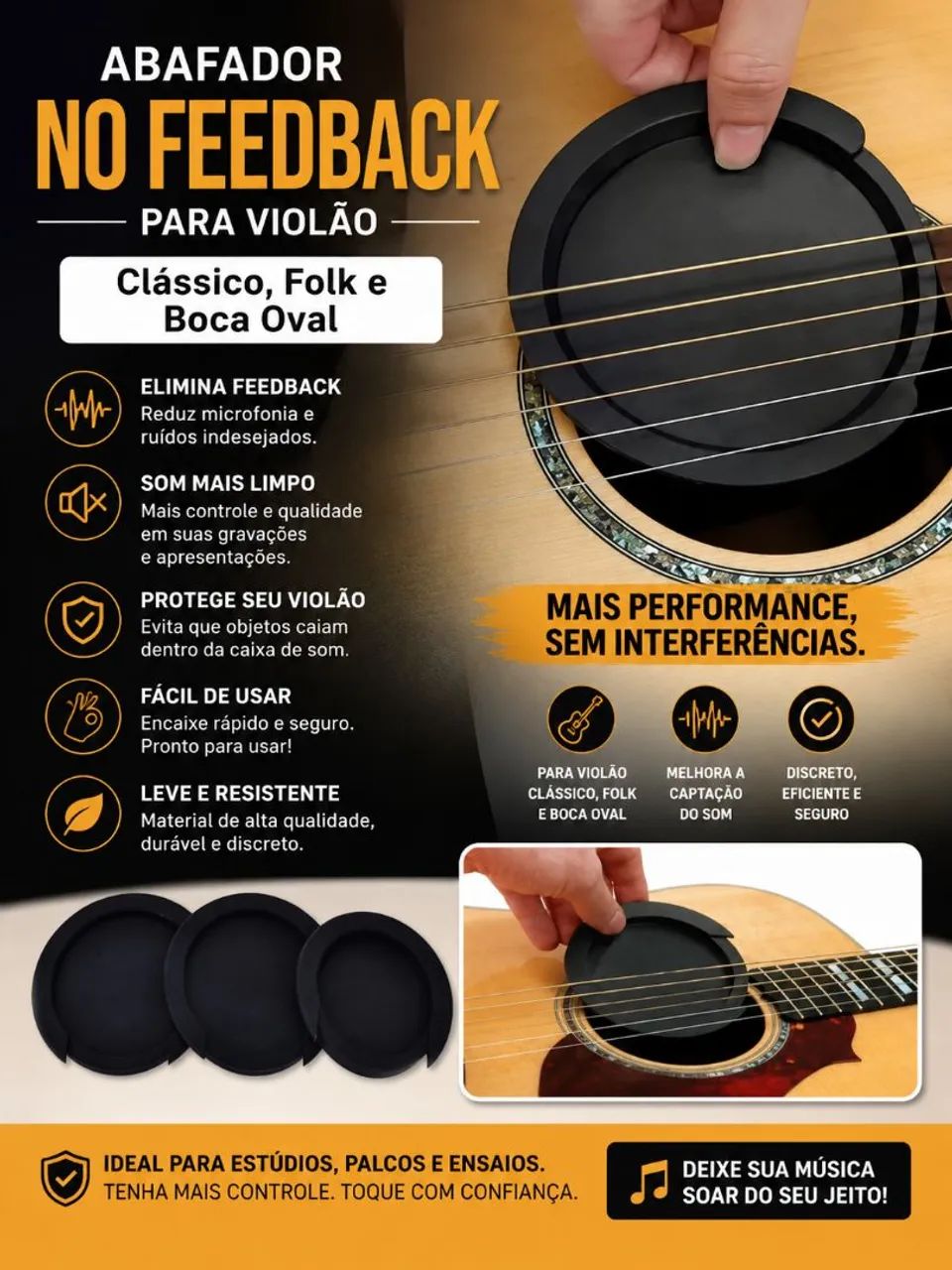 Abafador No feedback para boca de violão folk clássico e oval