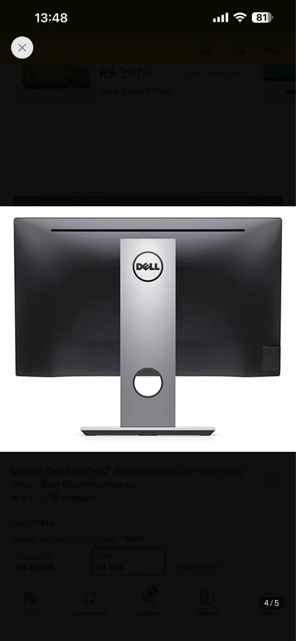 Monitor Dell 22 polegadas VGA e HDMI com pedestal giratório. 