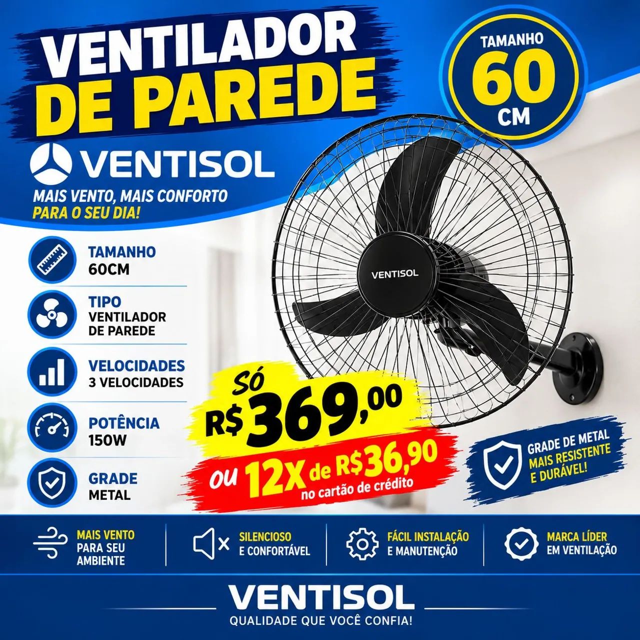 Ventilador de parede 60cm 