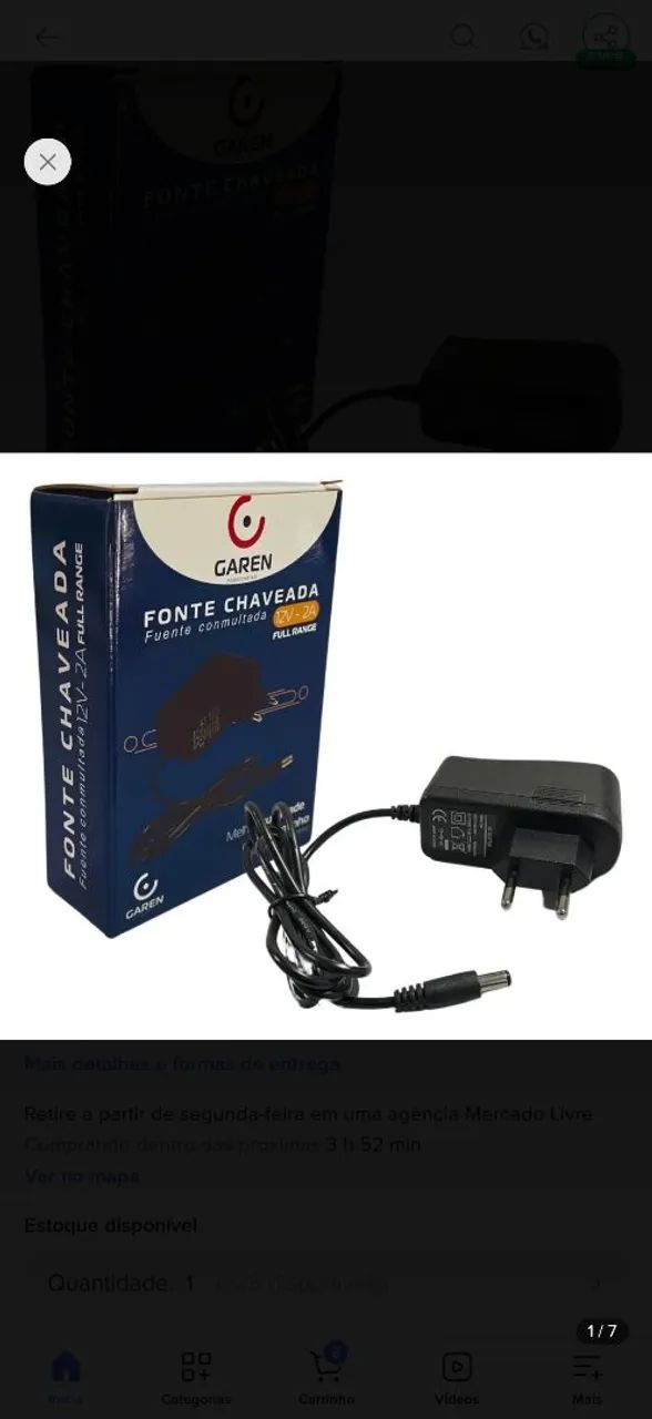 Fonte de alimentação 12v 1A cabo