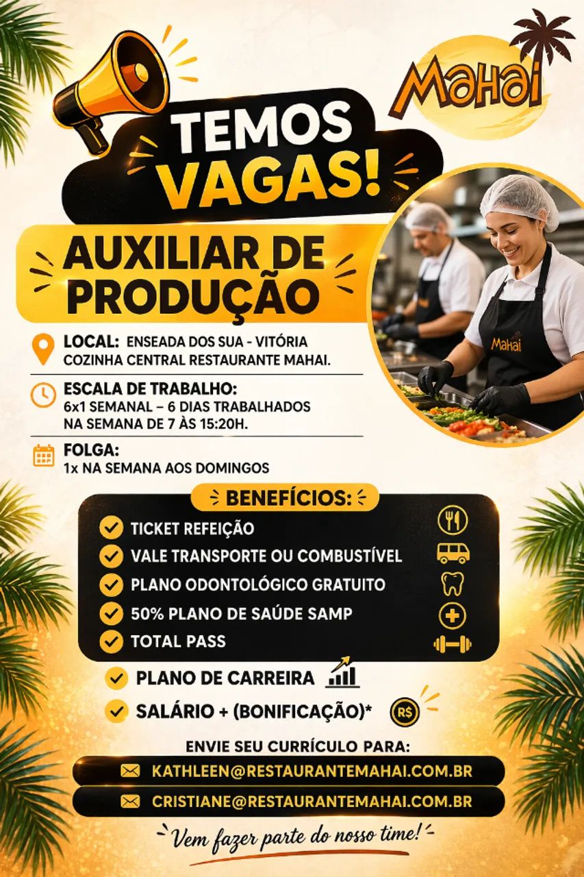 VAGA DE AUXILIAR DE PRODUÇÃO 