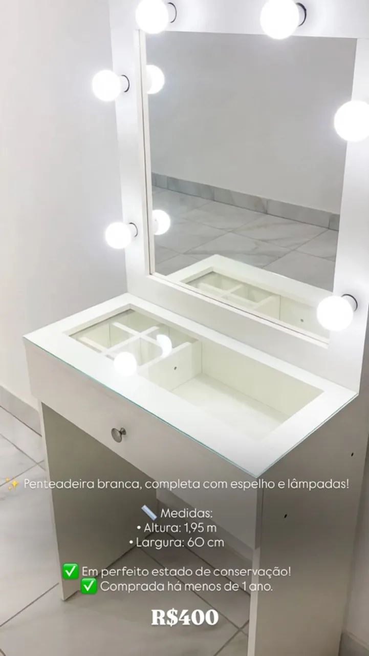 ? Penteadeira branca com espelho e lâmpadas!