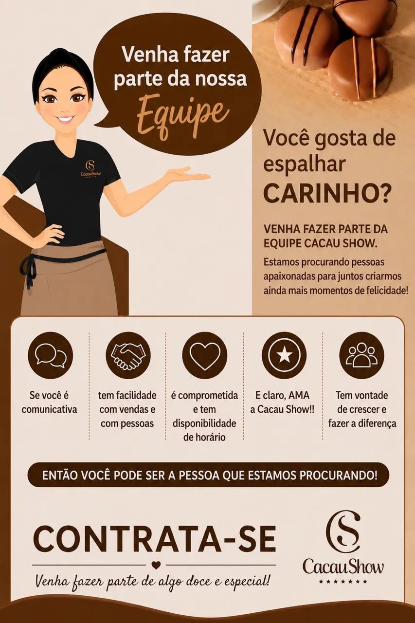 Vaga para consultora de venda Cacau Show