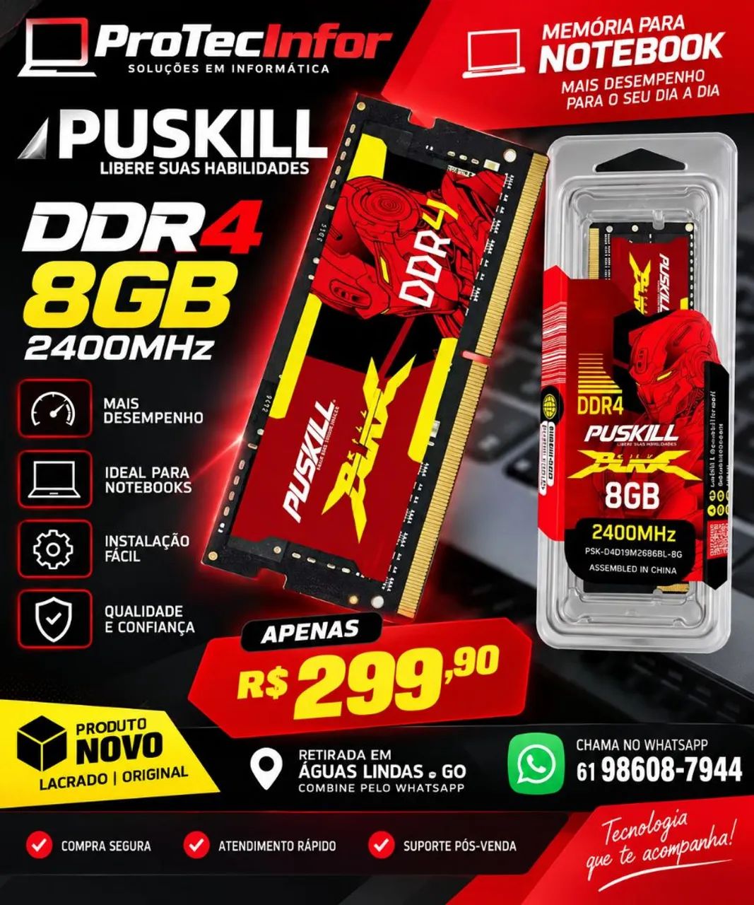 Memória notebook DDR4 8GB PUSKiLL nova