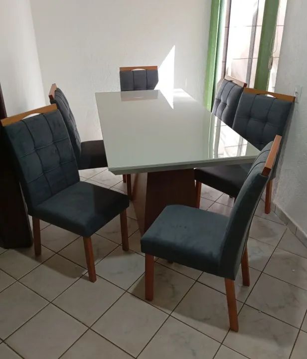 Mesa de jantar 6 lugares 160x90 nova tampo em vidro cadeiras veludo 