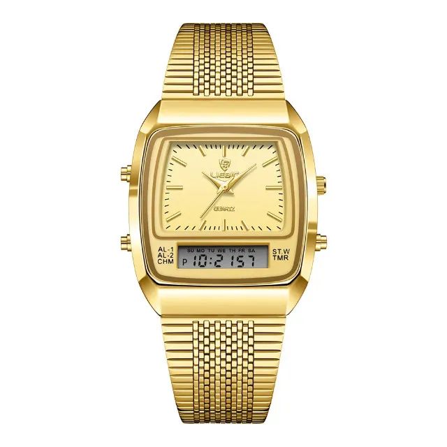 Relógio Dual Display Dourado Clássico Nostalgia Aço Inoxidável