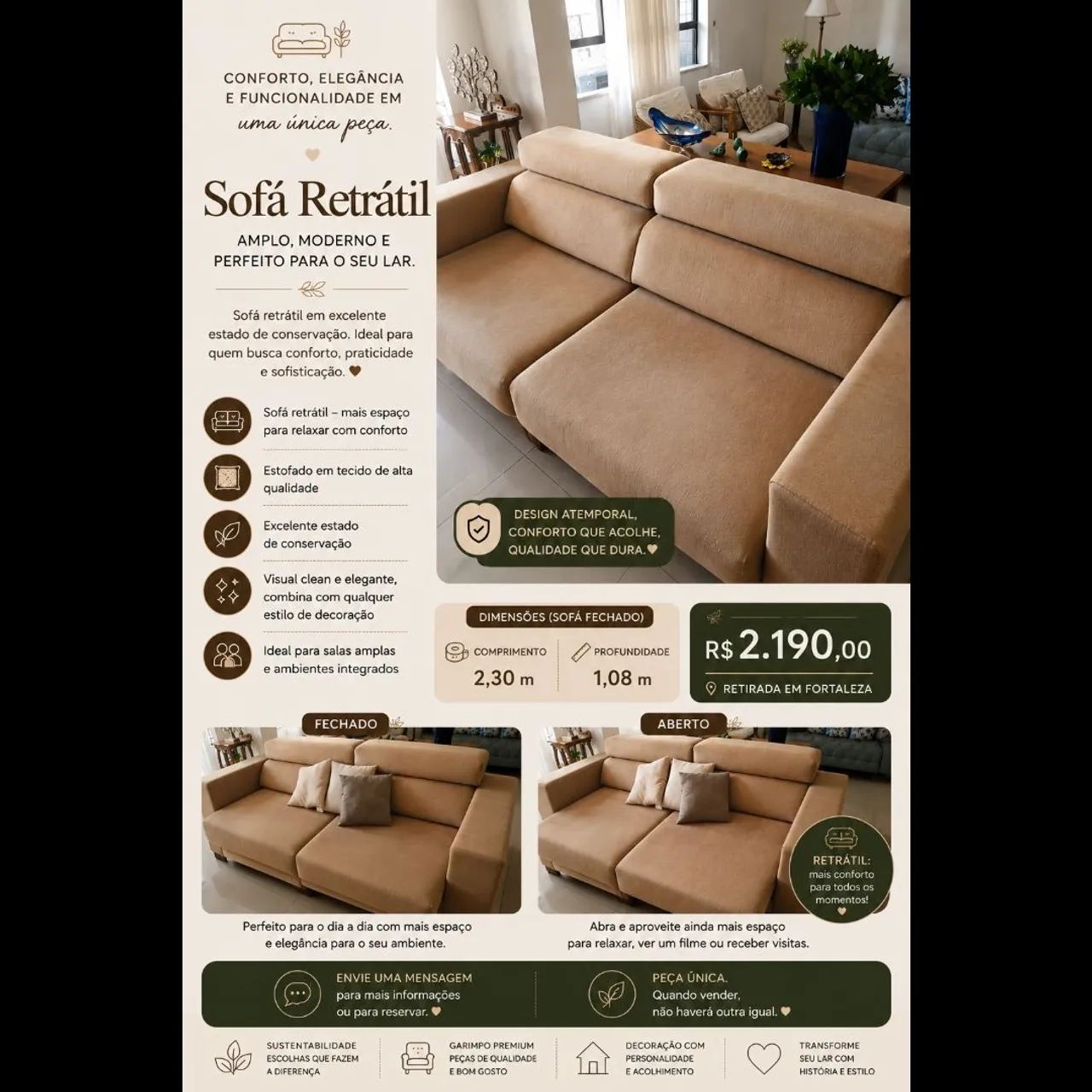Sofá retrátil 3 lugares  2,30m X 1,08m (fechado)