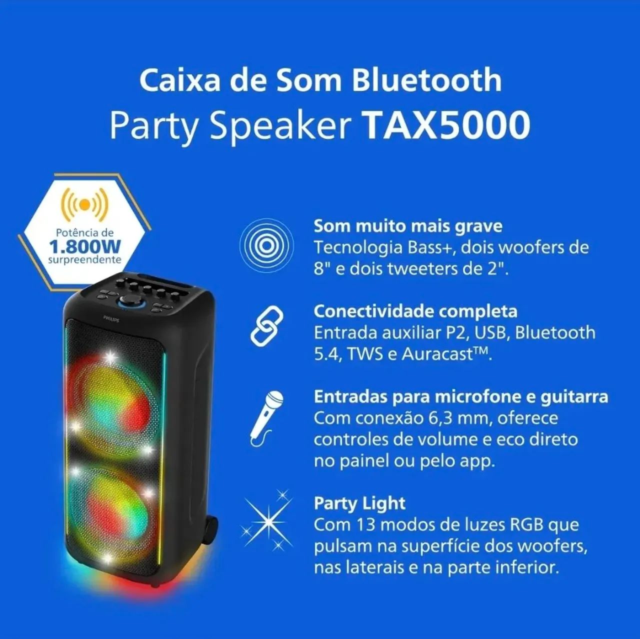 Caixa De Som Bluetooth Philips Party Speaker 1800W