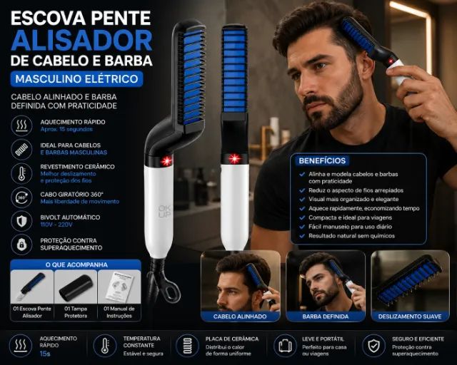 Pente Alisador de Cabelo e Barba Masculino Elétrico Bivolt Profissional Anti Frizz