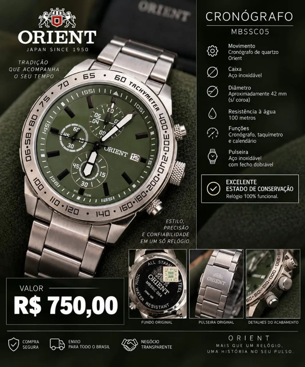 Relógio Orient Cronógrafo- Verde Militar