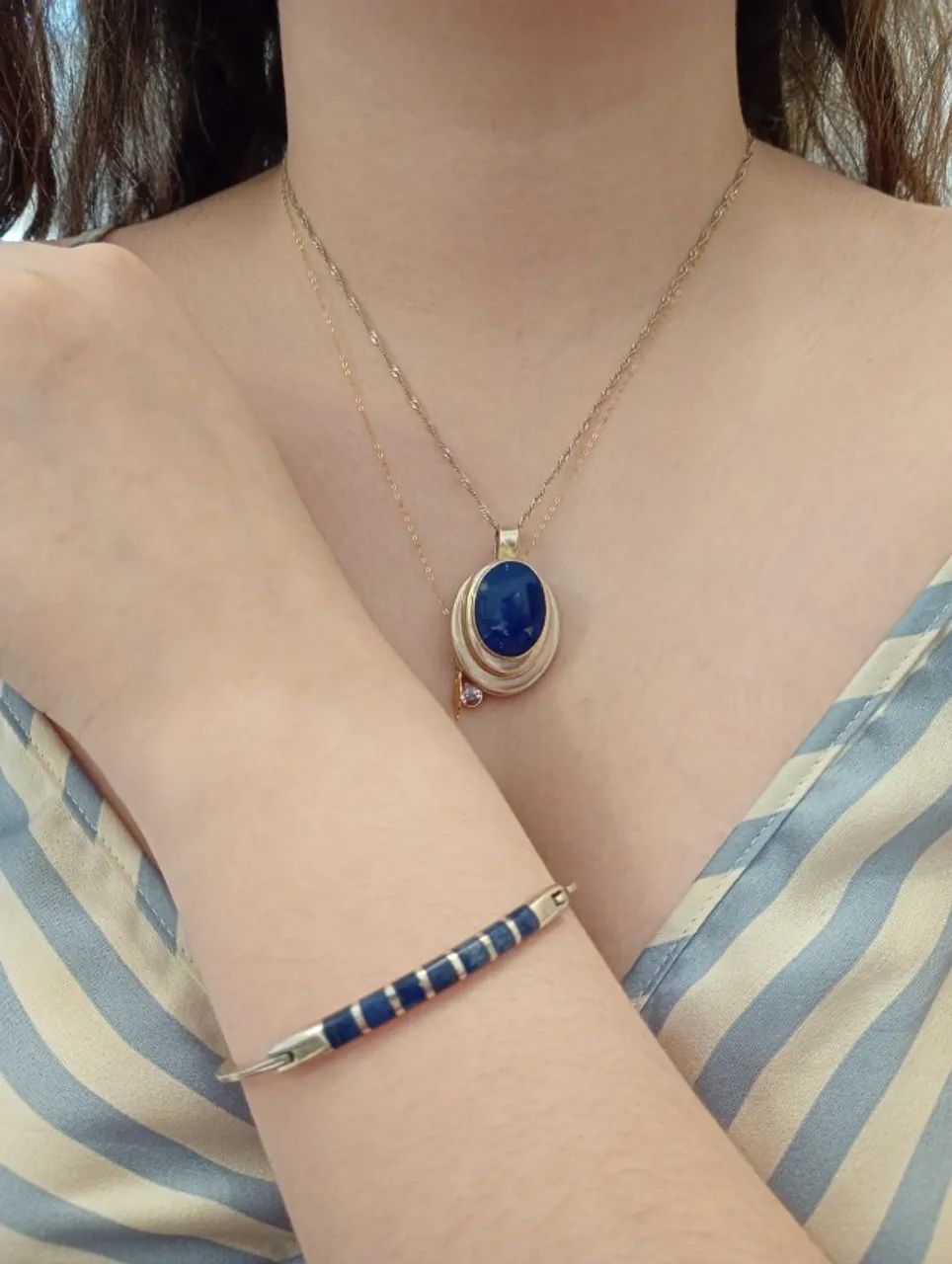 Conjunto Prata 950 anel, colar e pulseira Lápis lazuli Natural  - Foto 2