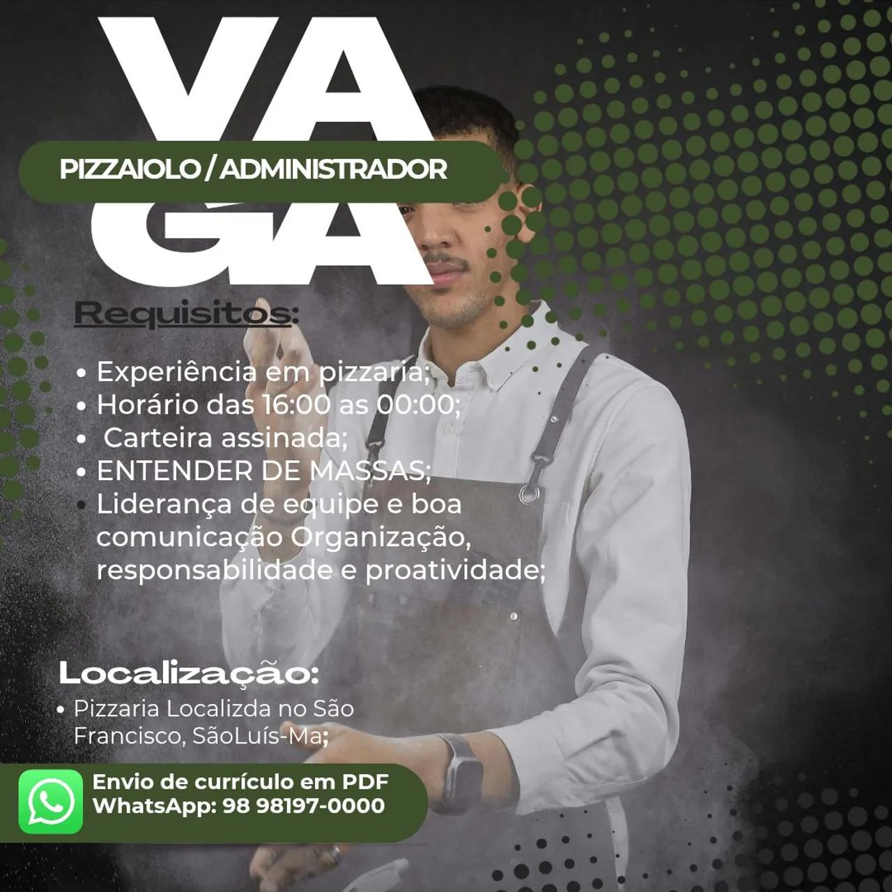 VAGA DE EMPREGO PARA PIZZAIOLO 