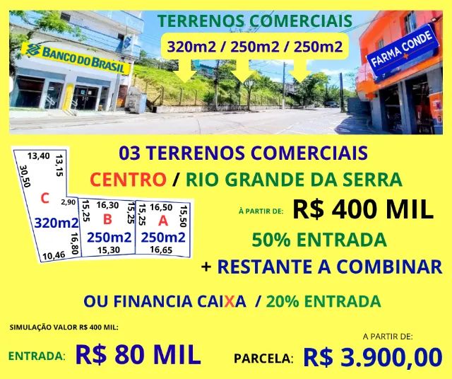 03 Lotes Comerciais Centro Rio Grande da Serra Financia Caixa ou 50% Entrada + Parcelas 