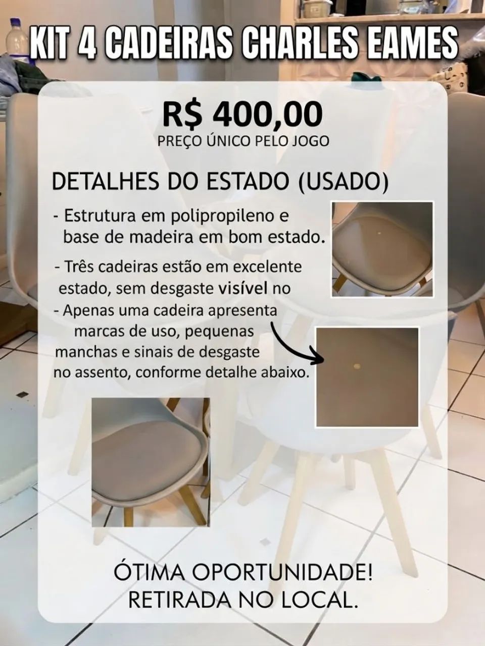 Kit 4 Cadeiras Charles Eames (Estofadas com base de madeira) - Foto 5