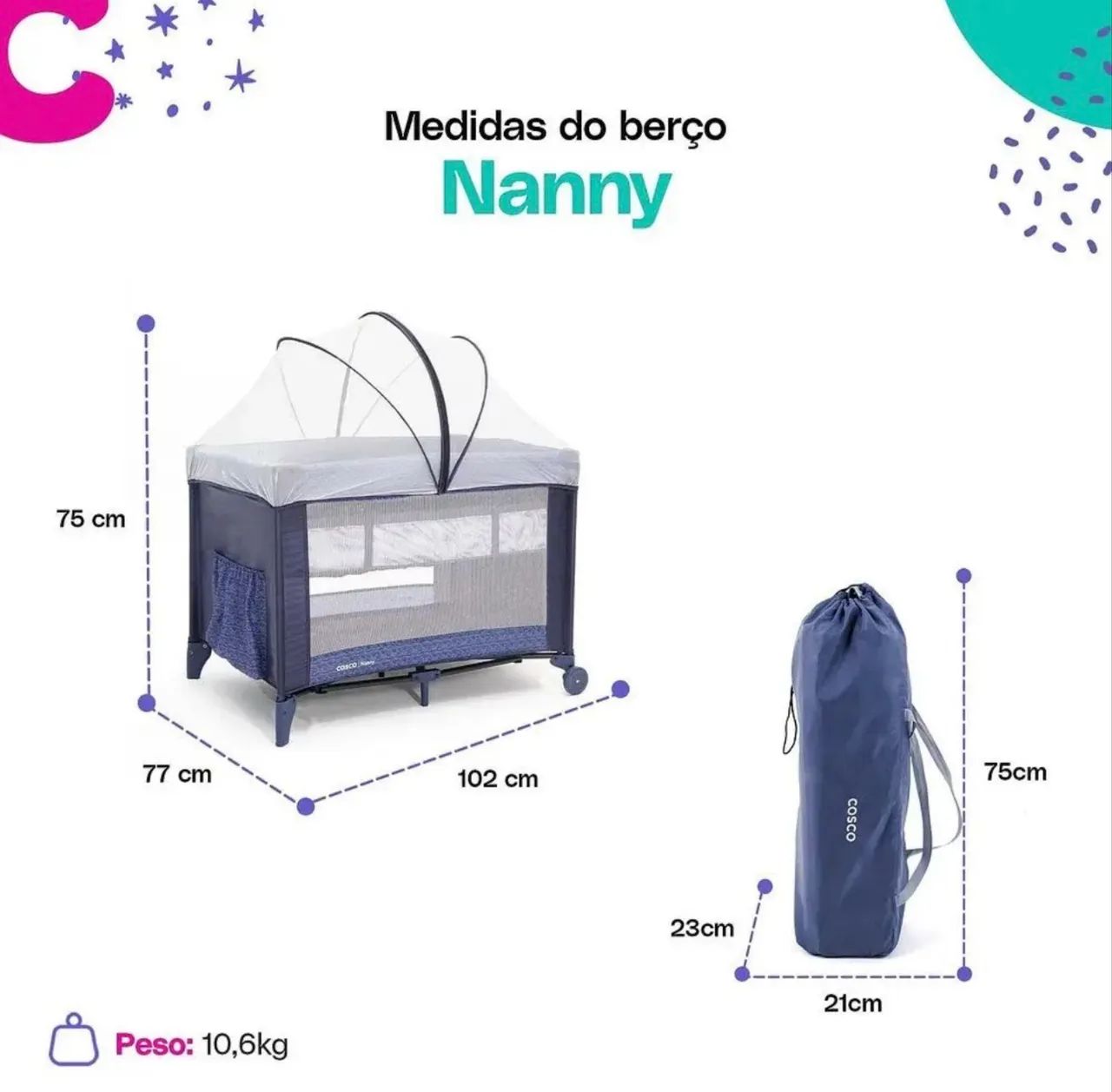 Berço Portátil Cosco Kids Nanny Azul com colchão de profundidade D18 - Foto 6