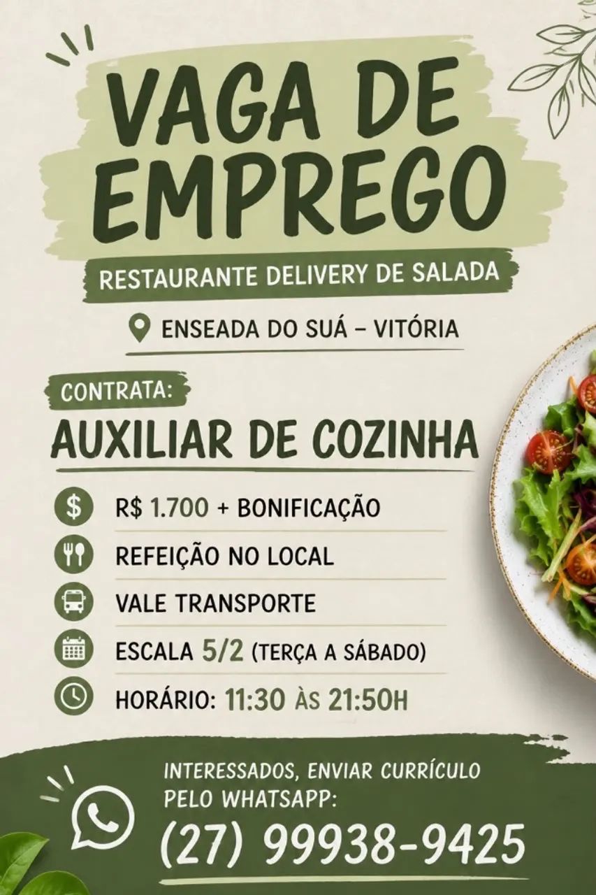 VAGA DE EMPREGO - AUXILIAR DE COZINHA