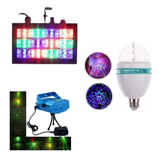 Kit Balada Festa DJ Lâmpada Giratoria + Strobo 12 LEDs RGB+ Projetor Laser Pontinho Bivolt