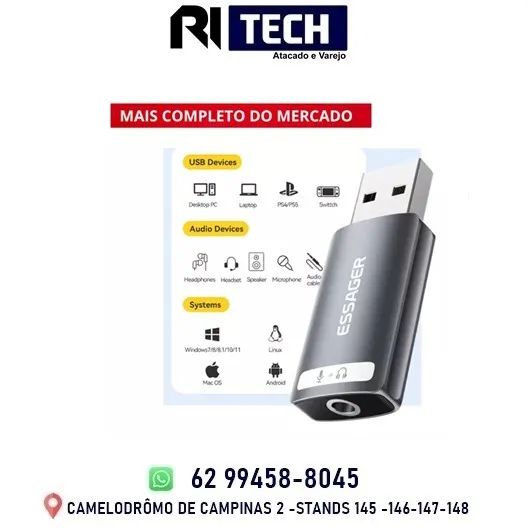 Adaptador De Áudio Usb Essager 1 Portas Placa De Som 3.5mm PC Notebook Ps4