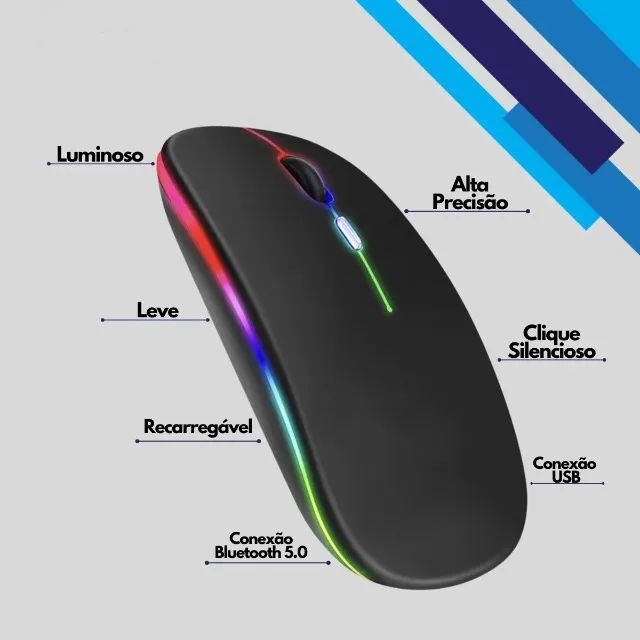 Mouse Sem Fio Bateria Recarregável Wireless 2.4ghz e Bluetooth Led Rgb - Foto 4