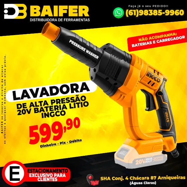 Lavadora de Alta Pressão 20v Bateria Lítio Ingco