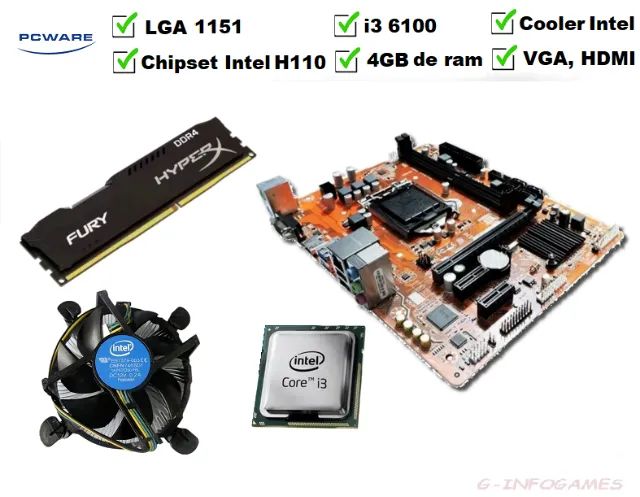 kit upgrade 6ª geração placa mae lga 1151 + intel i3 6100 + memoria DDR4 4GB + Coller