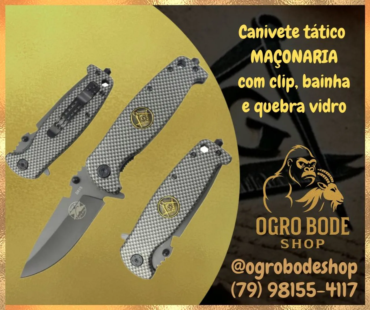 Canivete tático Maçonaria com Clip, Bainha e Quebra Vidro