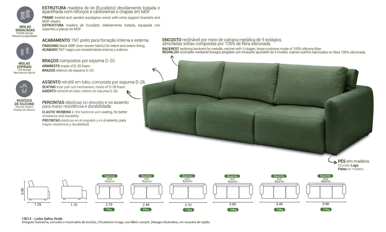 Sofá Linho Safira Verde Retrátil e Reclinável - Conforto e Design