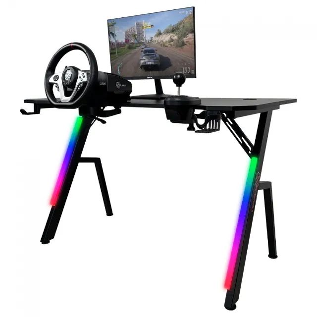 Mesa Gamer Kalkan Illumi RGB, Inclinável, Com Suporte Para Headset e Copo - WZetta