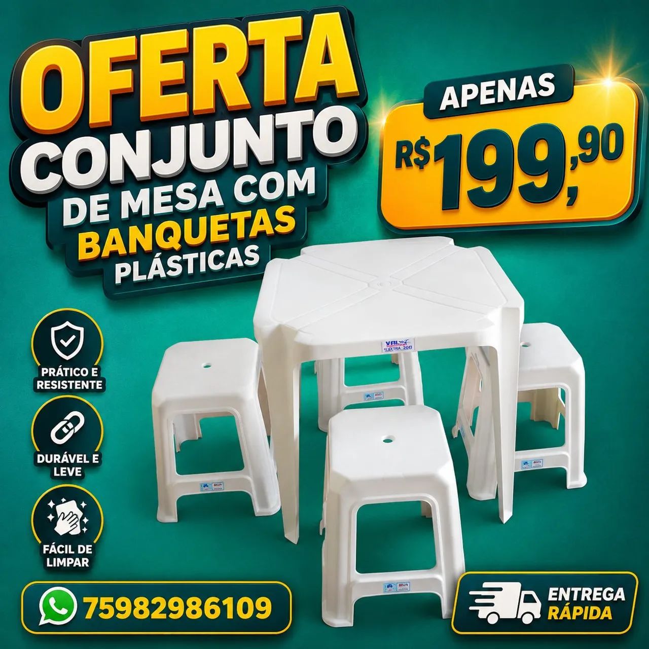 Conjunto de mesa e banquetas plásticas - Oferta 