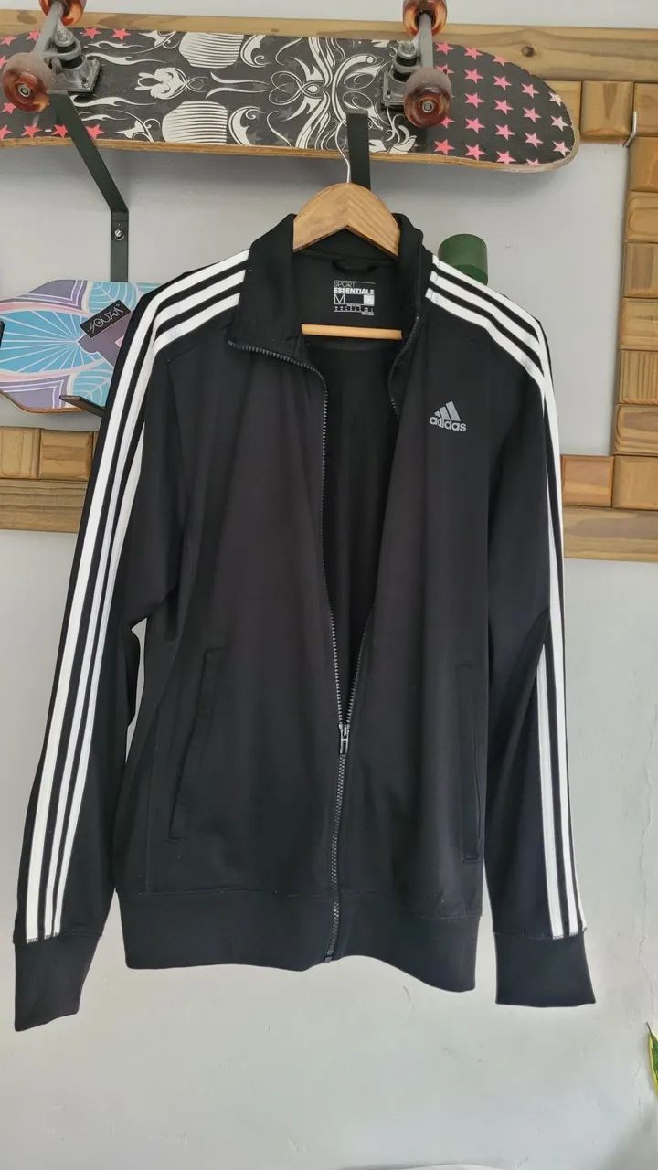 Jaqueta adidas masculina preta m com listras brancas sem capuz semi nova