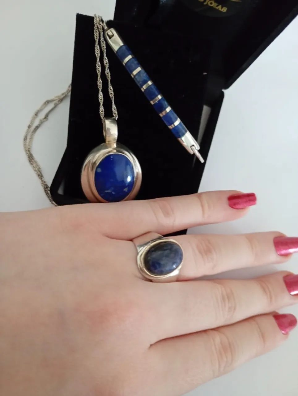 Conjunto Prata 950 anel, colar e pulseira Lápis lazuli Natural  - Foto 3