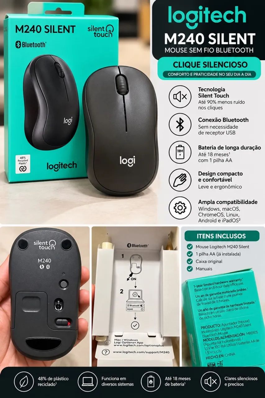 Mouse Logitech M240 Silent Bluetooth - Sem Fio