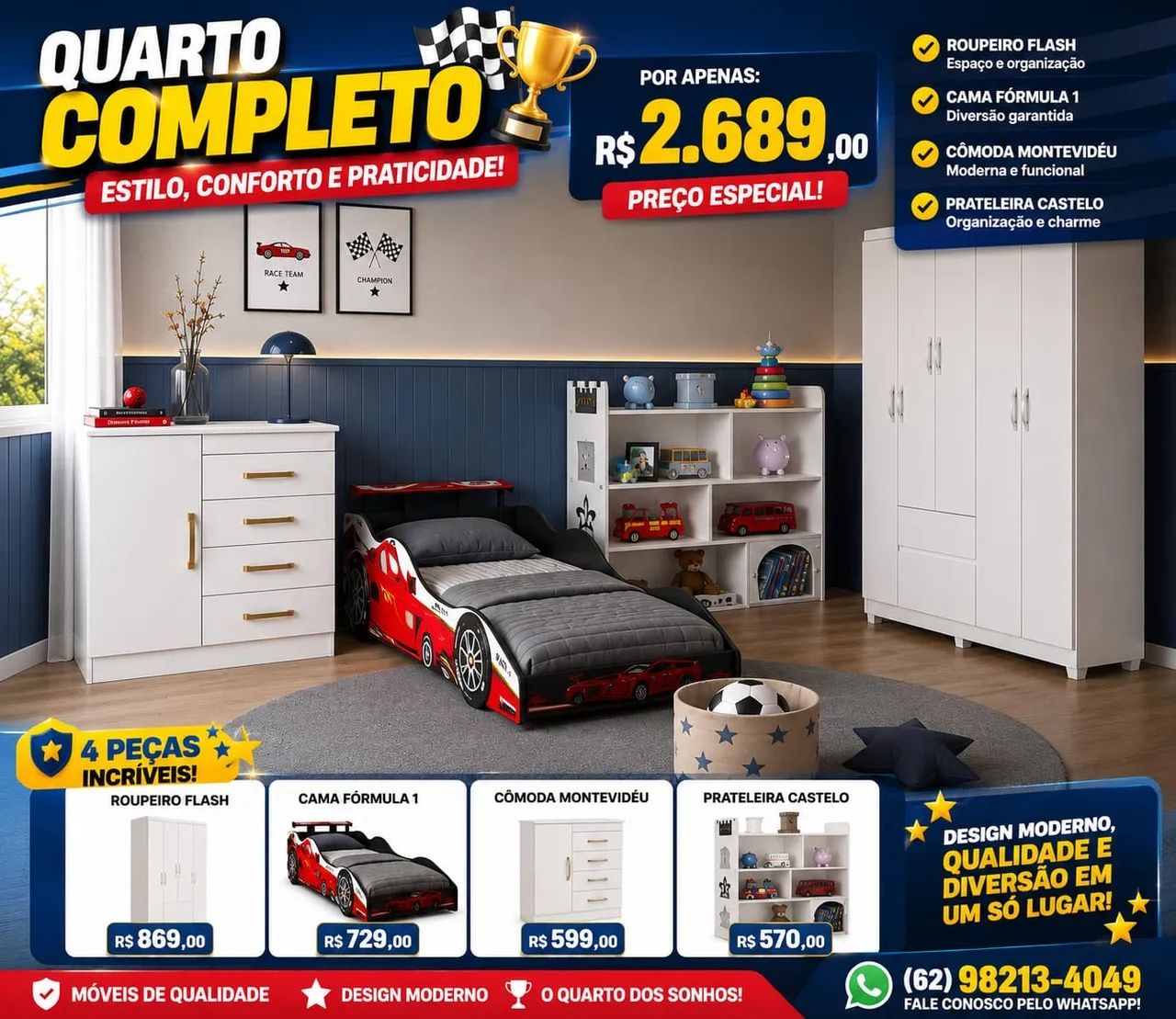 QUARTO COMPLETO ESTILO, CONFORTO E PRATICIDADE!