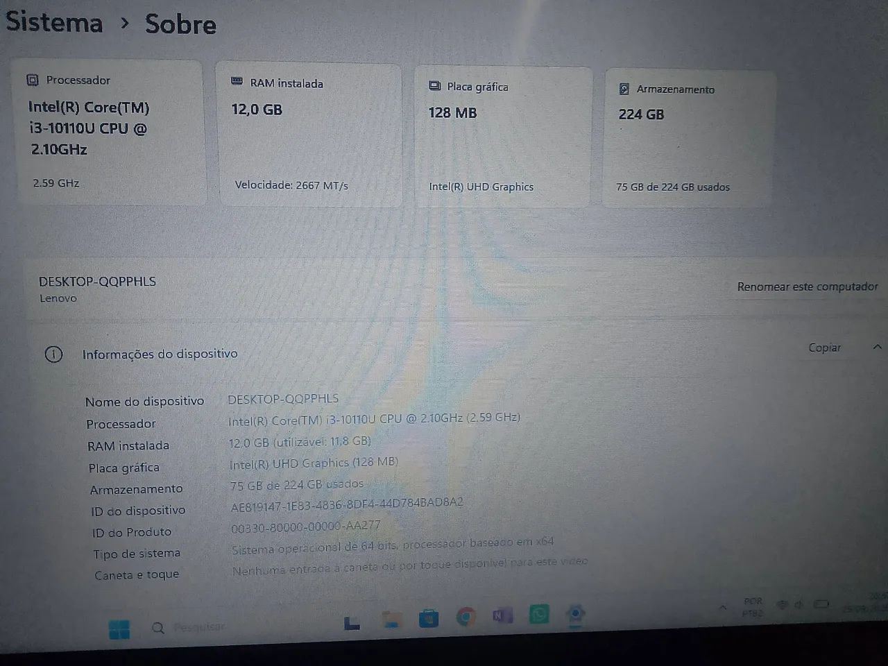 Lenovo core i3 8 GB e 224 gb