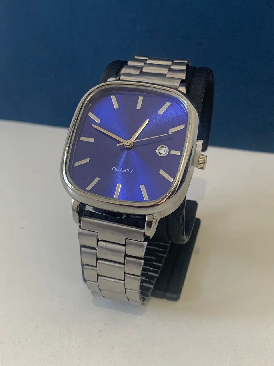 Relógio Masculino Quartz Prateado com Mostrador Azul