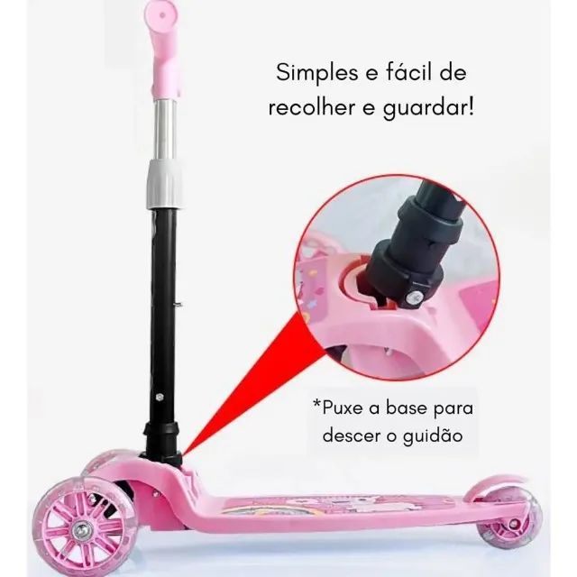 Patinete Infantil 3 Rodas De Led Dobrável Reforçada -Rosa  - Foto 4