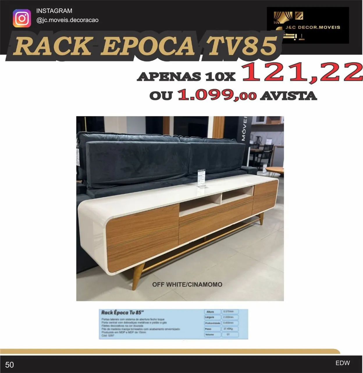 Rack Época TV85 Off White/Cinamomo - J&C Decor