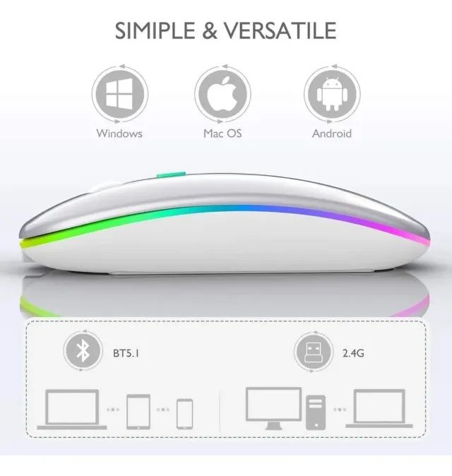 Mouse Sem Fio Bateria Recarregável Wireless 2.4ghz e Bluetooth Led Rgb - Foto 3