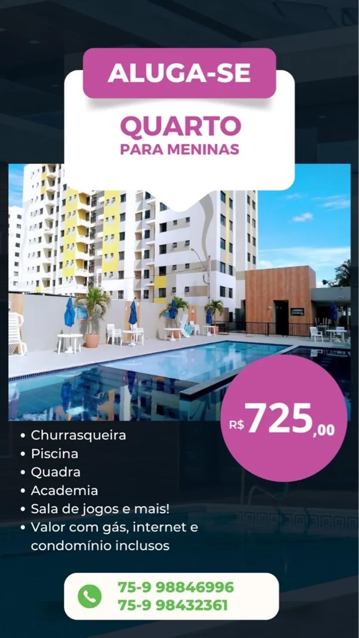 Aluguel de quarto para menina.
