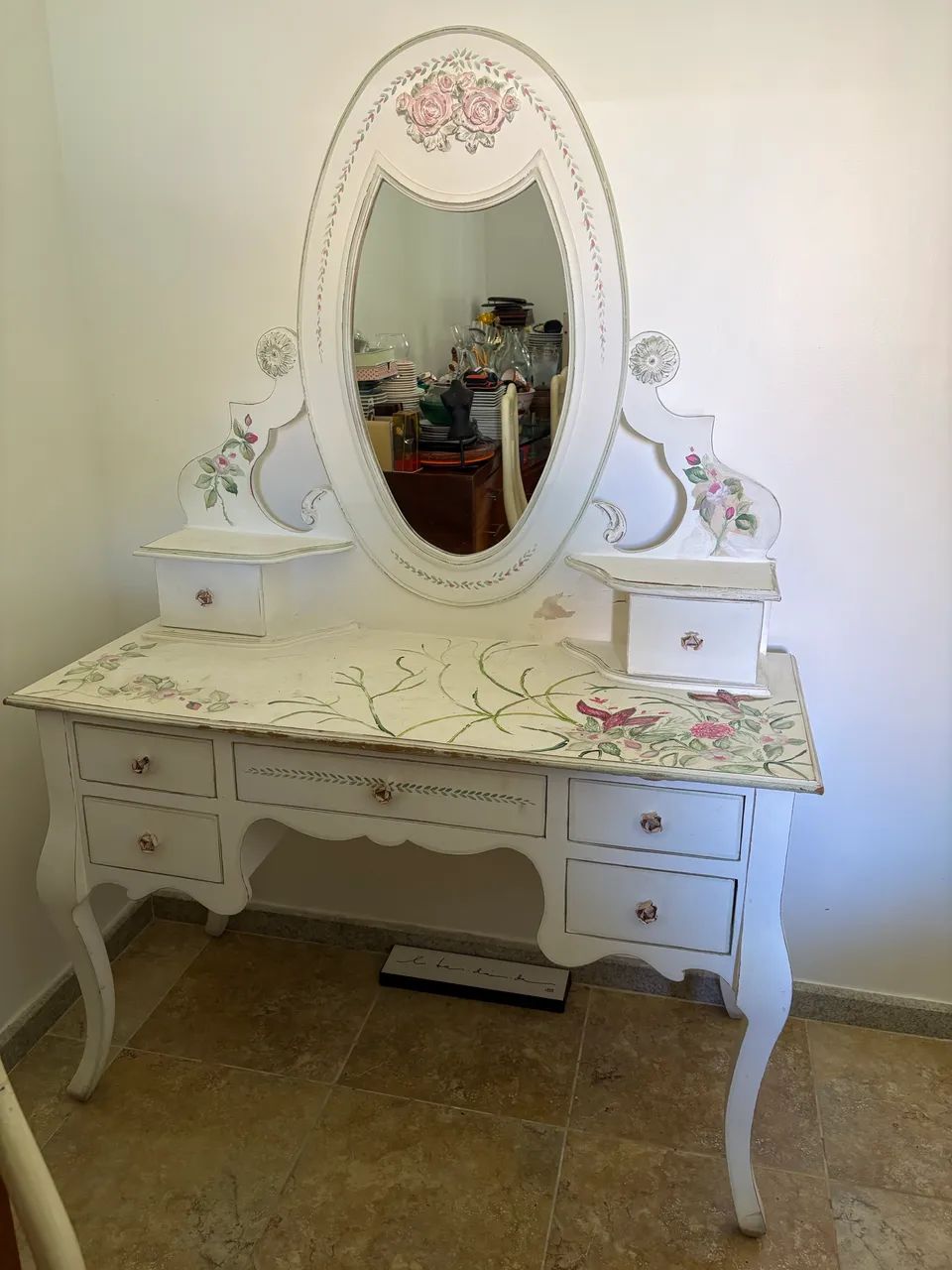 Penteadeira Provençal Vintage com Espelho Oval e Pintura Floral - Foto 4
