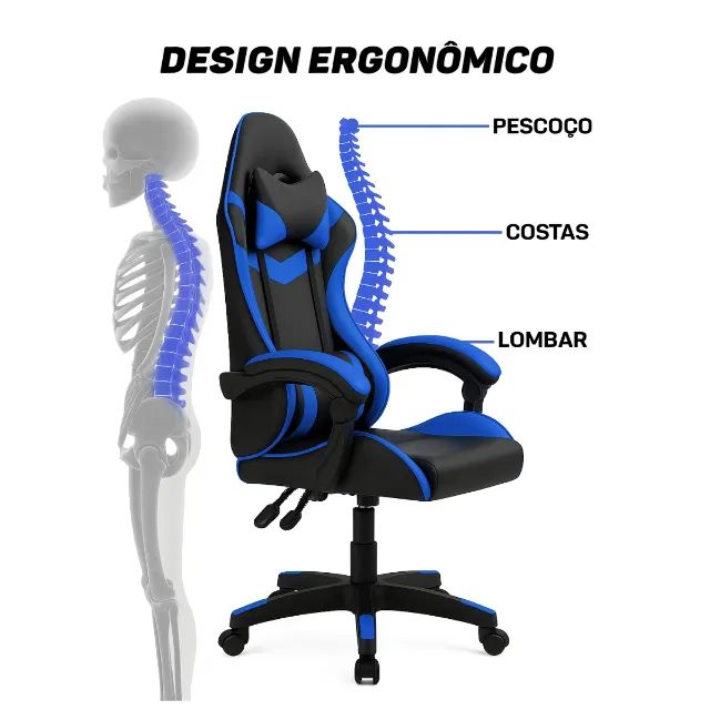 Cadeira Gamer Escritório Reclinável Ergonômica Giratória com Rodinhas X-On - Azul - Foto 3