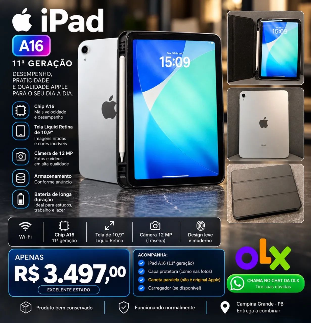 iPad Apple A16 11ª Geração + Capa e Caneta - R$ 3.497,00